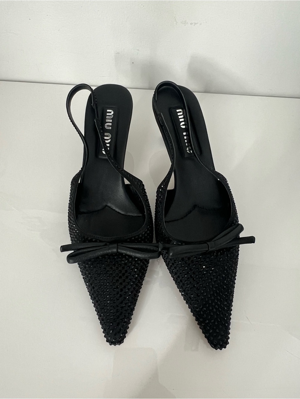 Miu Miu Black Embellished Pointed Slingback Micro Heels Size 39